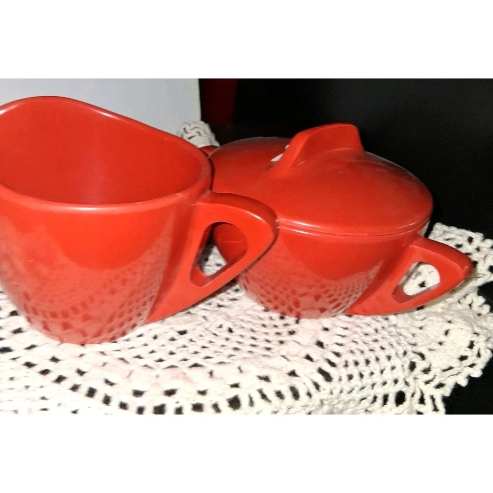 Mid Century Modern Red Melamine  Sugar Bowl and Creamer Set Made By Prolon Ware